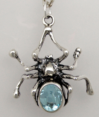 Sterling Silver Fancy Spider Pendant With Blue Topaz